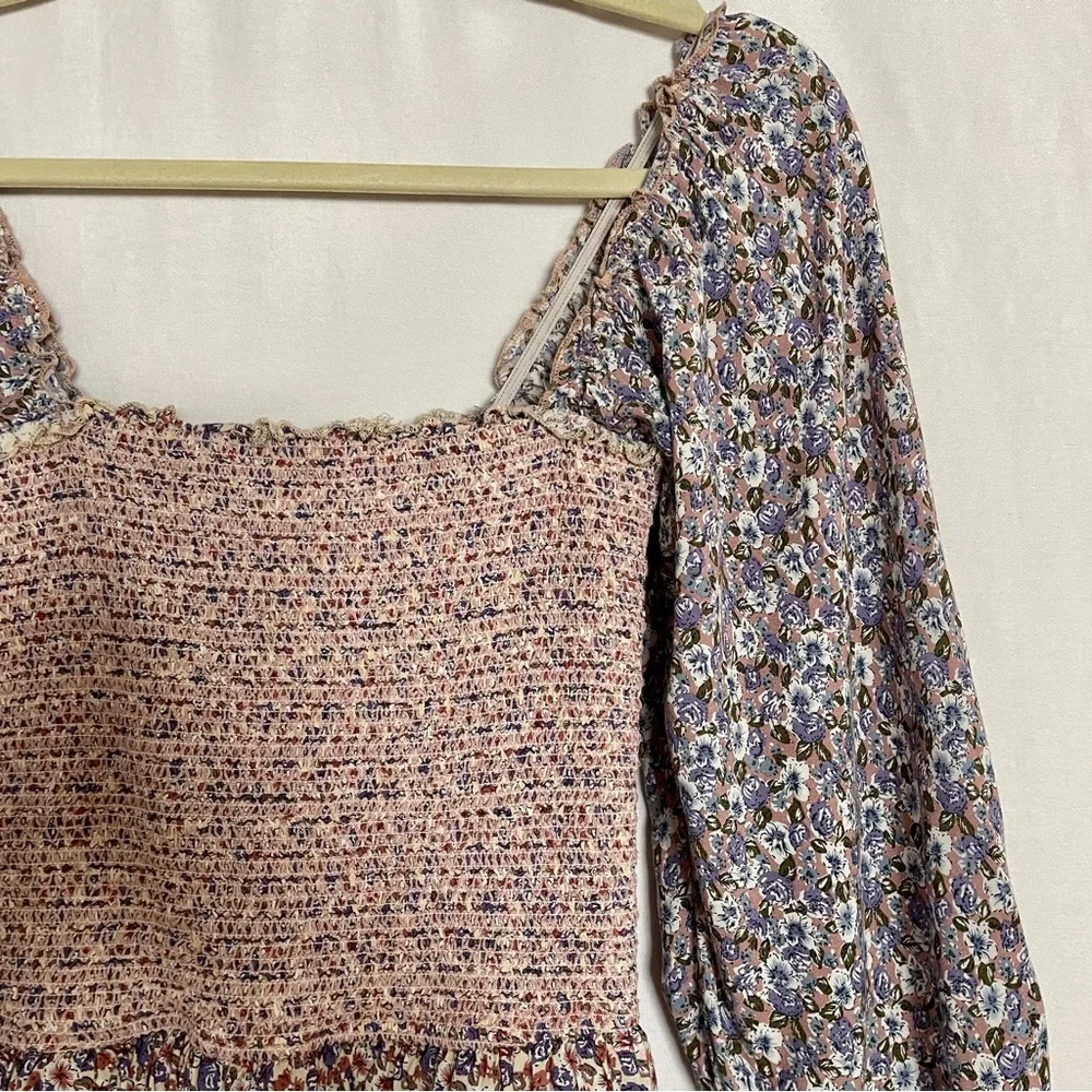 Storia Boho Smocked Chest Mixed Floral Print Tiered Peasant Mini Dress_2